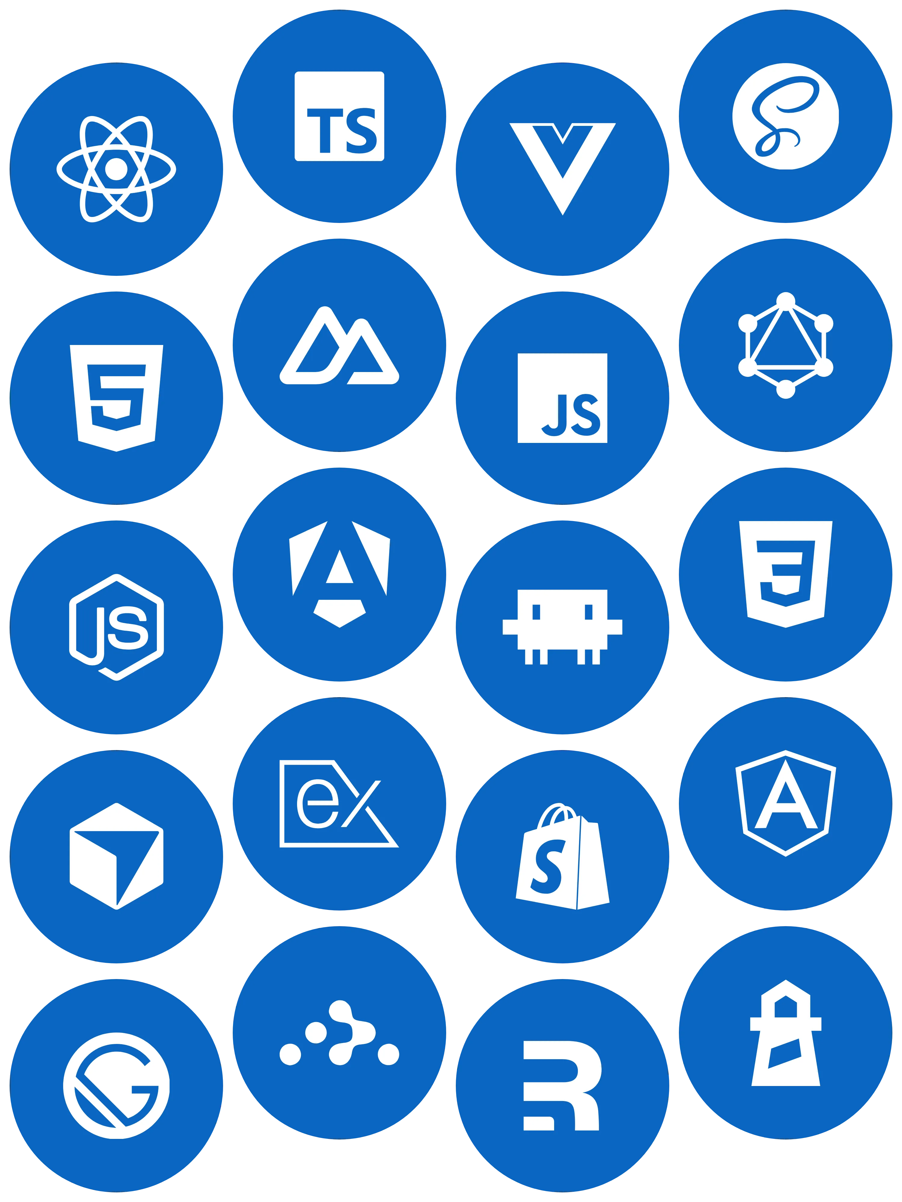 Cloud of technology logos: React, TypeScript, Vue, Node.js, Remix, Shopify, GraphQL and more.
